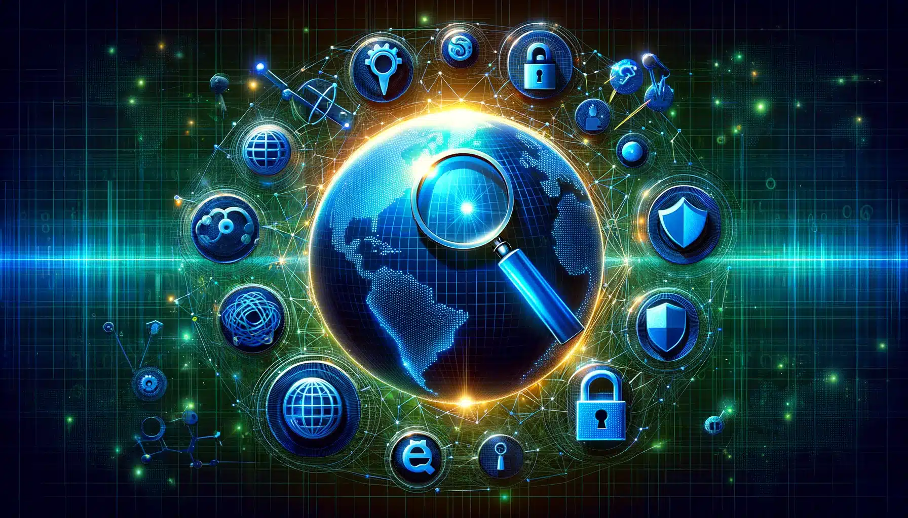 Ilustracja wykonana na zlecenie ROAN24, przedstawiająca koncepcję Raportu Przejrzystości Google z świecącym globem w centrum, otoczonym przez symbolizujące przeszukiwanie i transparentność lupę, prywatność i bezpieczeństwo kłódkę, kwestie prawne i regulacje młotek sędziowski oraz ochronę przed zagrożeniami online tarczę, na tle sieci połączonych węzłów cyfrowych, co symbolizuje globalny zasięg i złożoność internetu.