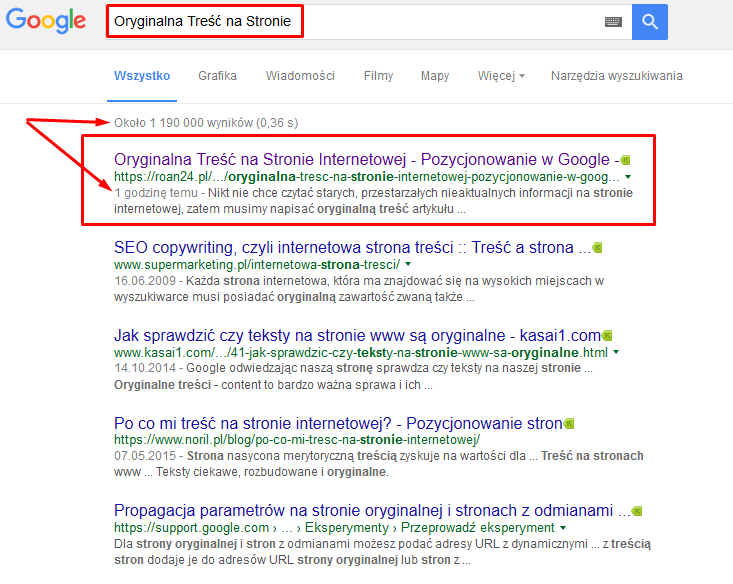 Wynik wyszukiwania w Google na frazę "Oryginalna Treść na Stronie"