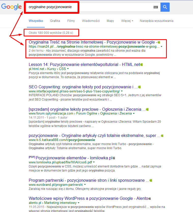 Wynik wyszukiwania w Google na frazę "Oryginalne pozycjonowanie"