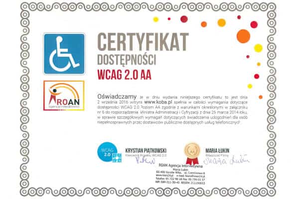 Certyfikat dostępności strony internetowej WCAG 2.0 AA