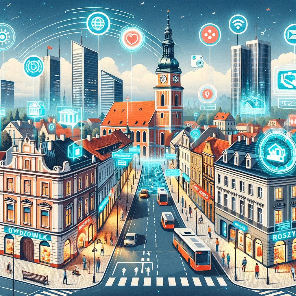 ilustracja nowoczesnej panoramy miasta gorzów gdzie tradycyjne budynki łączą się z elementami cyfrowymi takimi jak znaki w rozszerzonej rzeczywistości oraz holograficzne reklamy lokalnych przedsiębiorstw