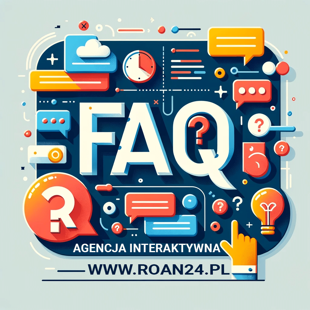 Obraz do sekcji FAQ: Prezentuje design reprezentujący pytania i odpowiedzi, z elementami takimi jak dymki dialogowe i znaki zapytania, w kolorach pasujących do marki ROAN.