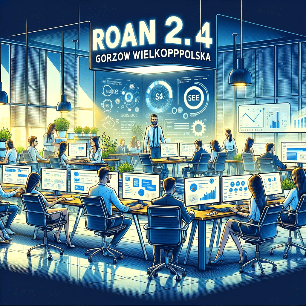 Ilustracja przedstawiająca nowoczesne biuro agencji interaktywnej ROAN24 w Gorzowie Wielkopolskim z zespołem profesjonalistów pracujących nad projektami SEO i SEM.