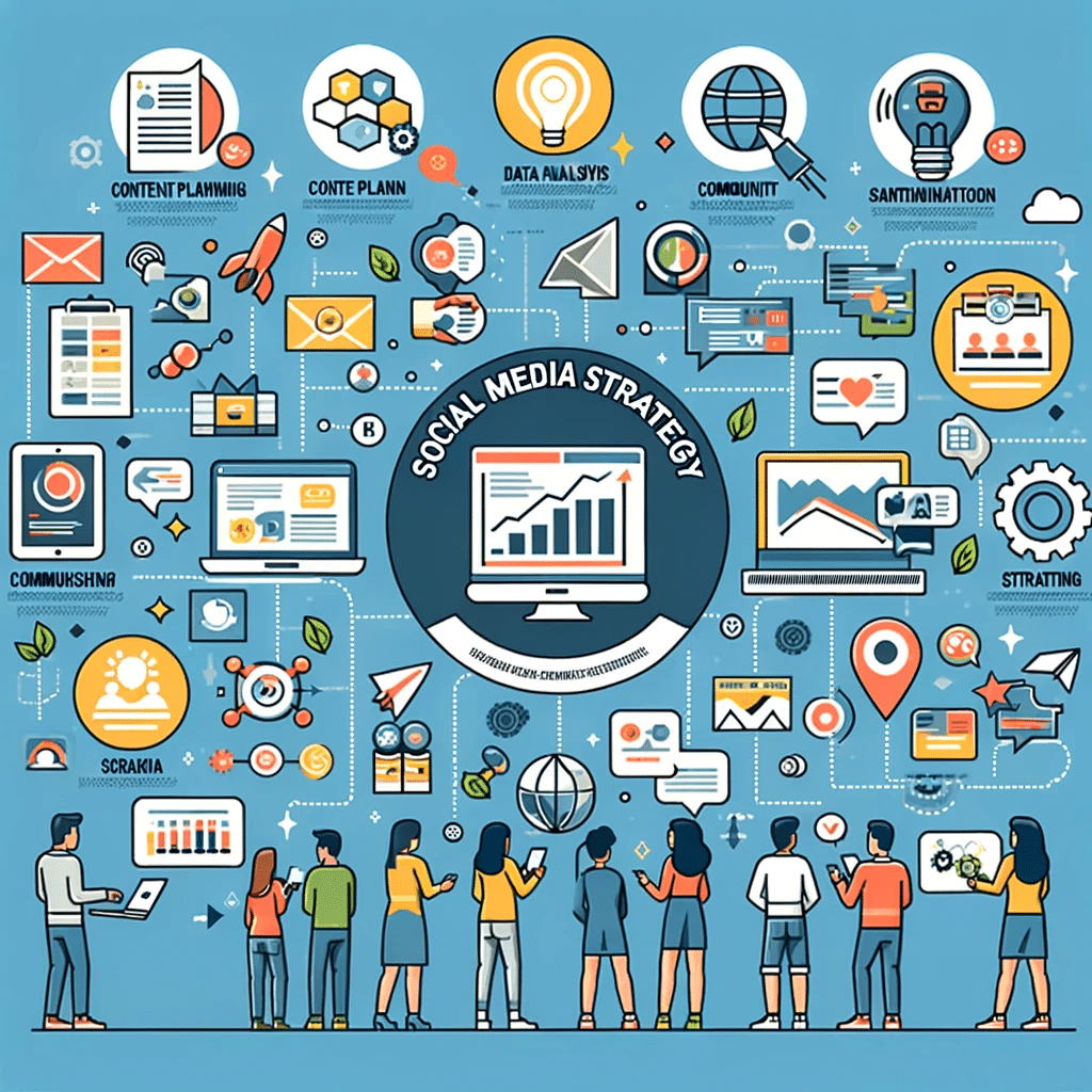 Infografika przedstawiająca elementy strategii social media, w tym planowanie treści, analizę danych, i zaangażowanie społeczności. Grafika jest atrakcyjna wizualnie, jasna i pouczająca, z ikonami lub ilustracjami reprezentującymi każdy element strategii.