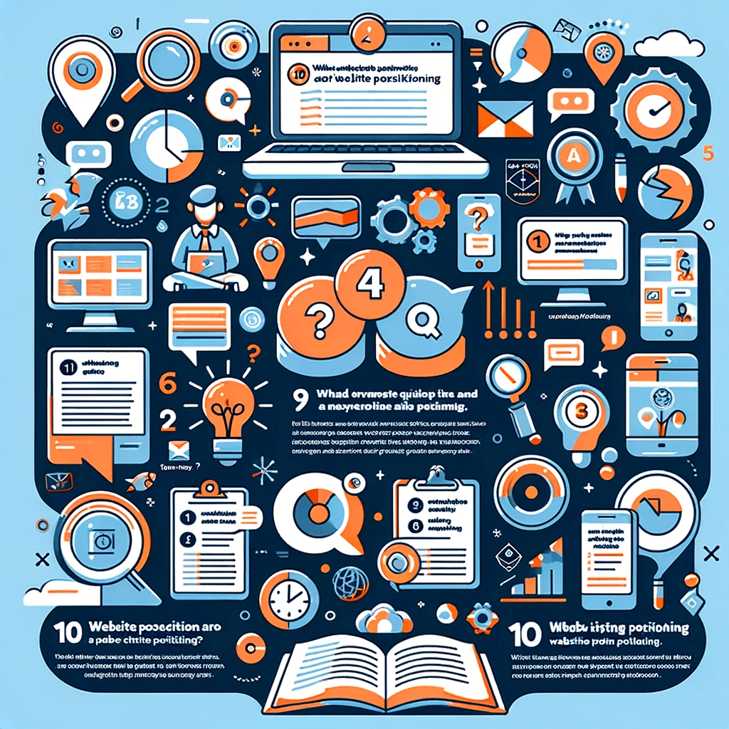 Infografika przedstawiająca 10 pytań i odpowiedzi na temat pozycjonowania stron internetowych, z ikonami i elementami graficznymi ułatwiającymi zrozumienie kluczowych koncepcji SEO.