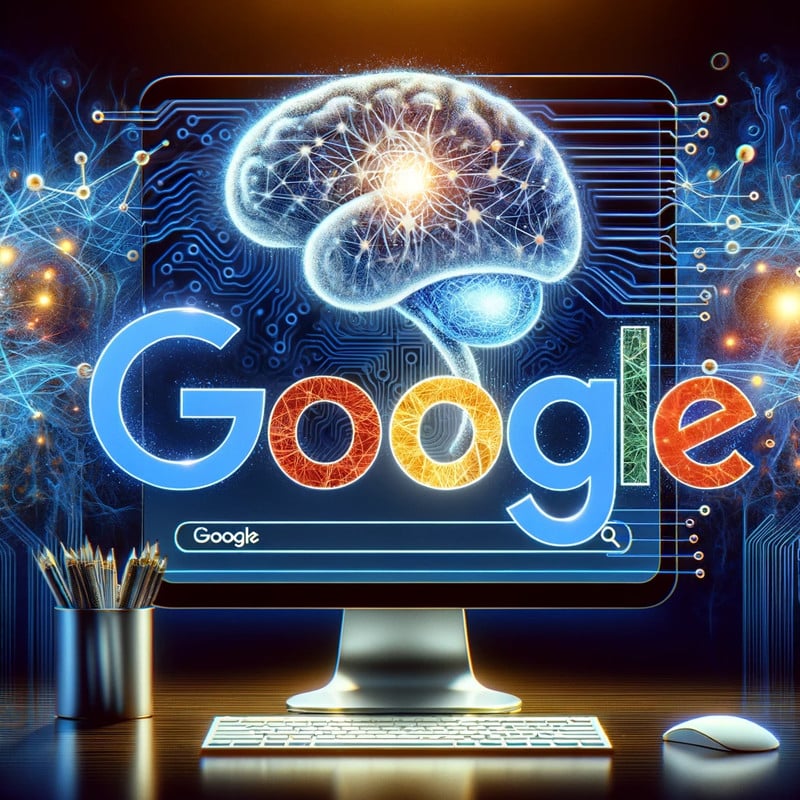 komputerowy ekran z logo google i wizualizacja ai w postaci mozgu podkreslajacy wplyw ai na seo