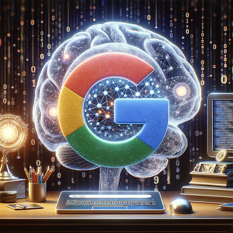 logo google z symbolami ai i sieci neuronowej na tle cyfrowego mozgu obrazujace nowoczesne technologie seo