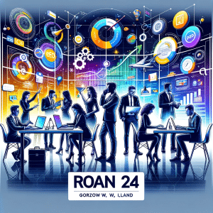 Ilustracja przedstawiająca energiczne i dynamiczne środowisko pracy w agencji ROAN24 w Gorzowie Wlkp., z zespołem profesjonalistów współpracujących nad projektami cyfrowymi w nowoczesnym biurze.