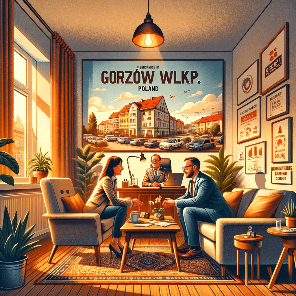 lustracja przedstawiająca osobistą i zaangażowaną relację biznesową w przytulnym biurze w Gorzowie Wielkopolskim, z dwoma profesjonalistami prowadzącymi rozmowę przy kawie z widokiem na miasto w tle