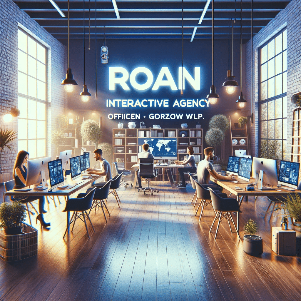 Oto stylizowana fotografia biura ROAN Agencji Interaktywnej w Gorzowie Wlkp. Zdjęcie przedstawia nowoczesne, profesjonalne środowisko biurowe, charakterystyczne dla agencji marketingu cyfrowego