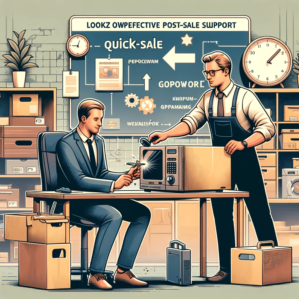 Ilustracja podkreślająca znaczenie szybkiego i skutecznego wsparcia posprzedażowego, przedstawiająca dwóch mężczyzn w biurze, z których jeden wykonuje naprawę urządzenia elektronicznego, symbolizującą zaangażowanie i profesjonalizm lokalnych firm w Gorzowie Wielkopolskim.