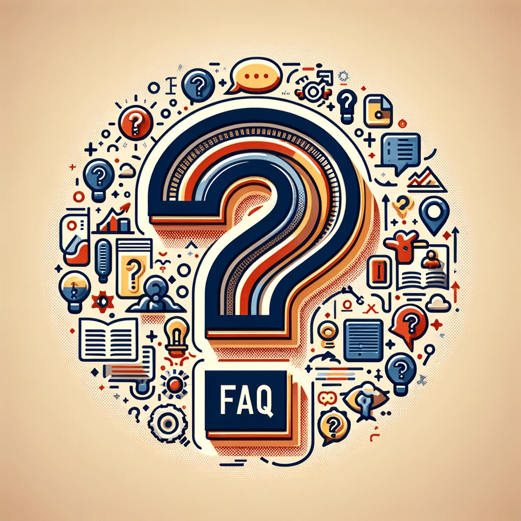 Kreatywna ilustracja przedstawiająca sekcję FAQ, z dużym znakiem zapytania otoczonym mniejszymi ikonami pytań i odpowiedzi.