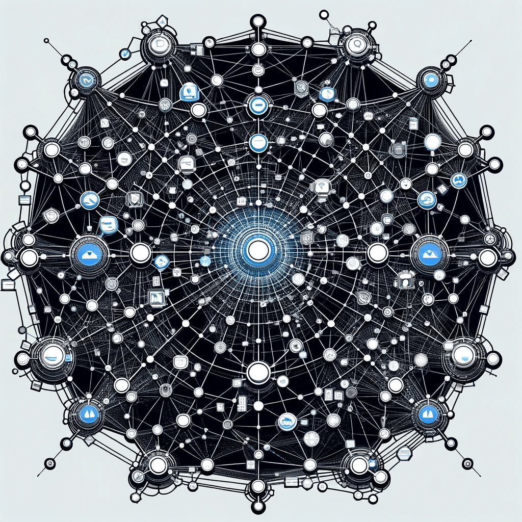 Stylizowana ilustracja złożonej sieci internetowej symbolizującej algorytm PageRank