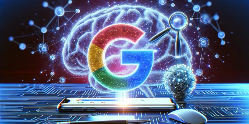ilustracja logo google z elementami ai takimi jak mózg i sieci neuronowe na ekranie komputera symbolizująca sukces w seo