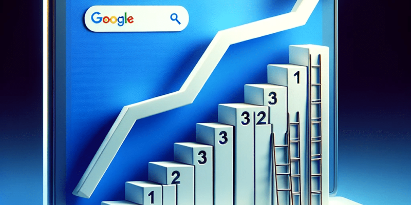 Ilustracja konceptualna pokazująca wzrost pozycji strony internetowej w wynikach wyszukiwania Google, z symbolicznymi schodami wskazującymi na jej postęp