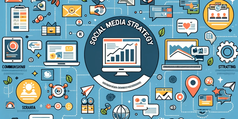 Infografika przedstawiająca elementy strategii social media, w tym planowanie treści, analizę danych, i zaangażowanie społeczności. Grafika jest atrakcyjna wizualnie, jasna i pouczająca, z ikonami lub ilustracjami reprezentującymi każdy element strategii.