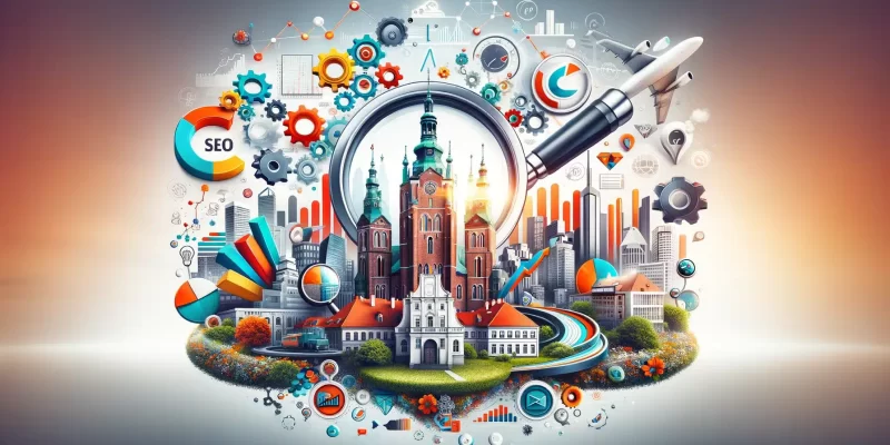 Grafika wprowadzająca do artykułu o SEO w Gorzowie Wielkopolskim, łącząca charakterystyczne elementy miasta z symbolami marketingu cyfrowego, takimi jak ikony wyszukiwarek, wykresy i lupy, ilustrująca, jak lokalne biznesy mogą rozwijać się w cyfrowym krajobrazie dzięki skutecznym strategiom SEO.