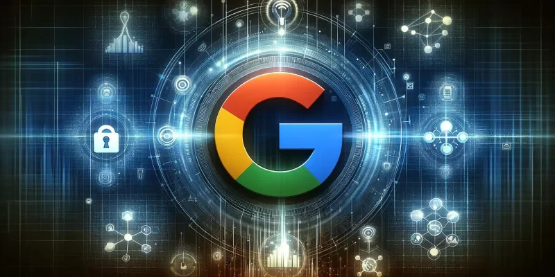 Grafika przedstawiająca ikonę Raportu Przejrzystości Google na tle cyfrowego świata.